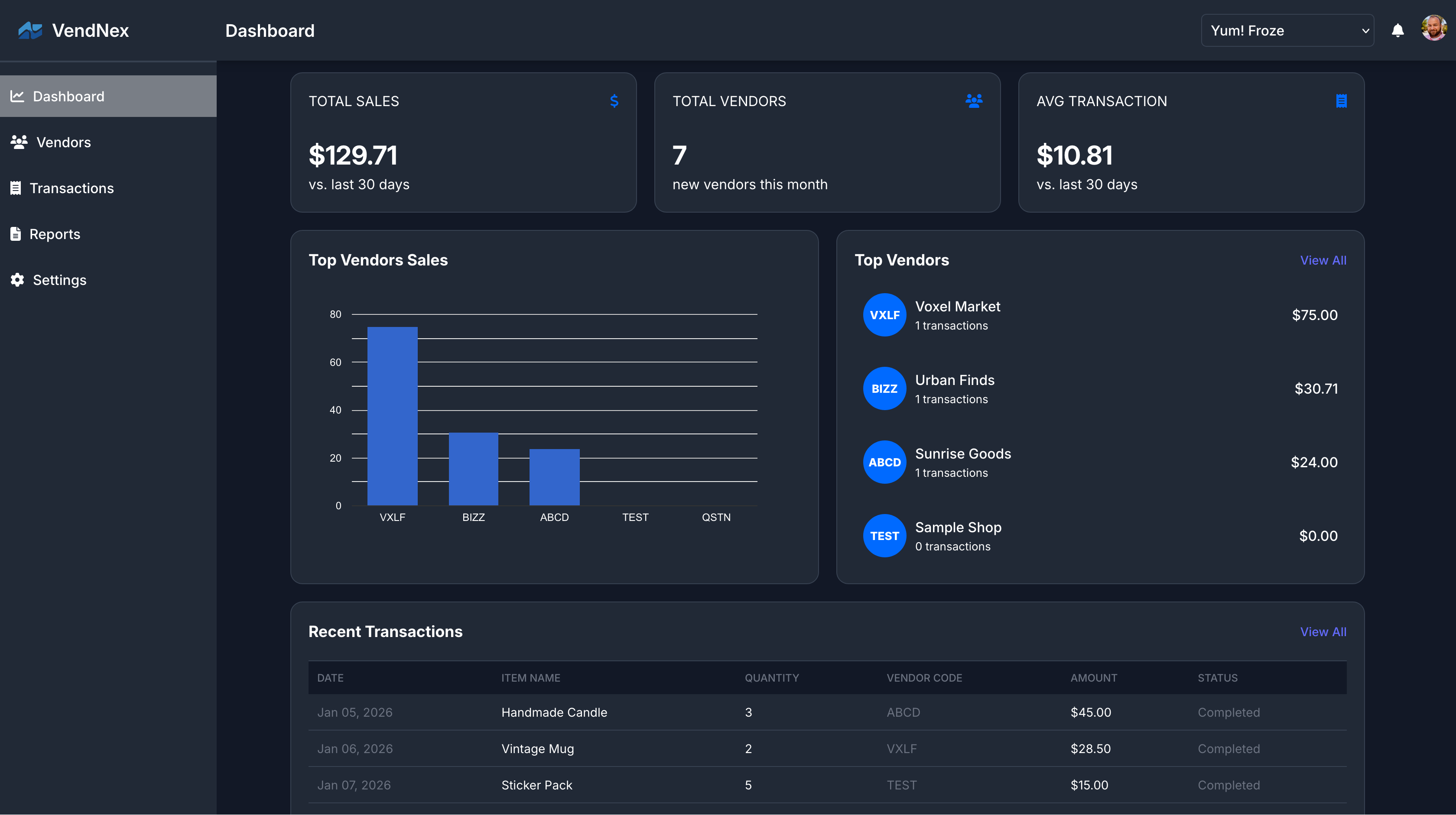 VendNex dashboard, one of BluePeak Studios' live products