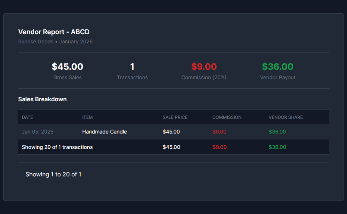 VendNex vendor report screen
